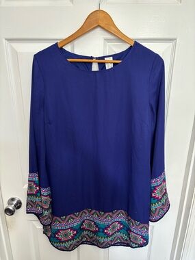 Pink Owl Royal Blue Boho Dress with Colorful Hem, Trumpet Sleeves, Sz L